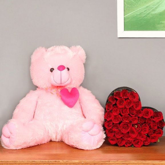 Cuteness Redefined - Combo of 22-inches pink teddy bear and heart shape bouquet of 35 red roses